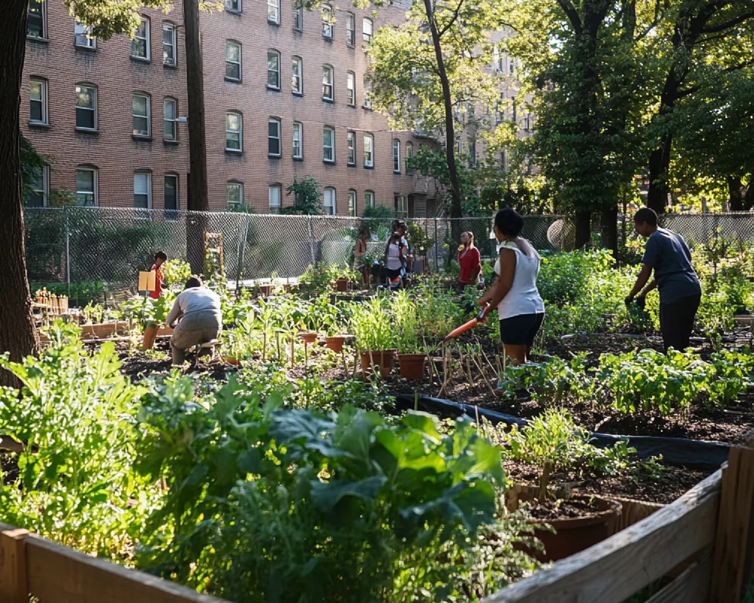 Potager urbain collectif avec des carrés surélevés en bois entre les immeubles